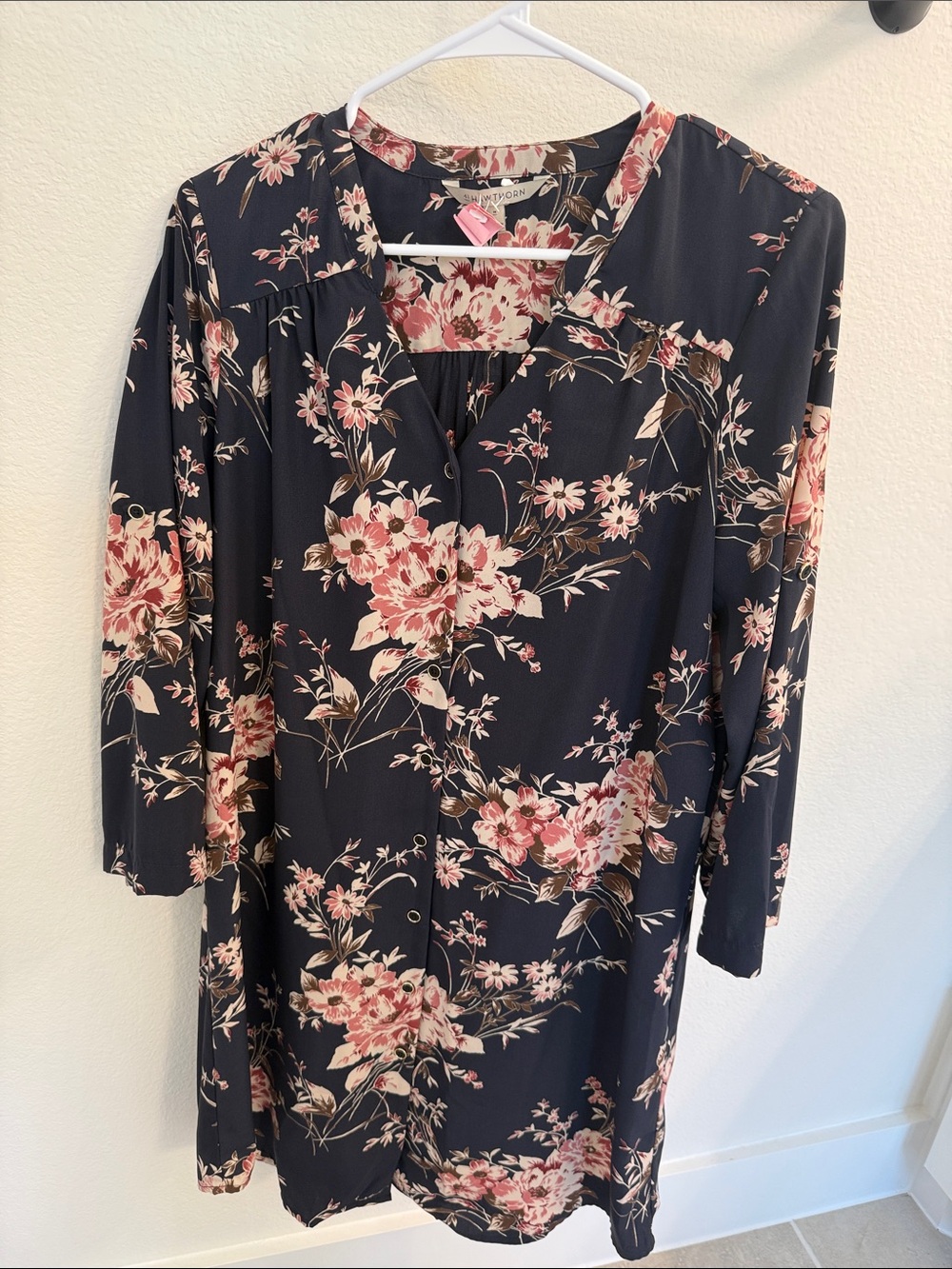 41 Hawthorn Navy Floral Midi Dress with Pink Blossoms
